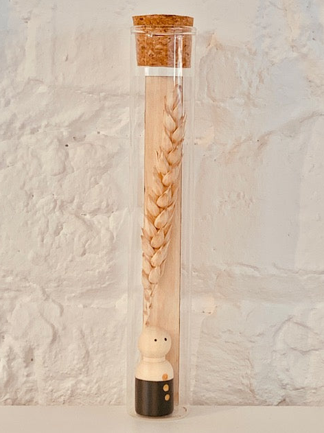Glazen proefbuisje met houten poppetje 'Wil jij mijn peter/meter worden?'