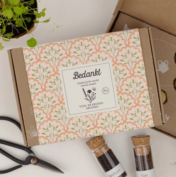 Blossombs Gift Box Small "Bedankt" met 7 Tuin- en Keukenkruiden Mix Zaadbommetjes