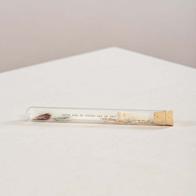 Ik pak je in Buisje met droogbloemen en tekst - 'Hoera, wij krijgen een kindje'