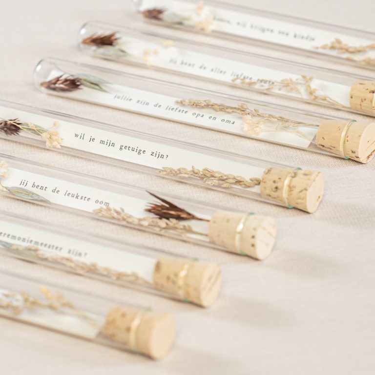 Ik pak je in Buisje met droogbloemen en tekst - 'Hoera, wij krijgen een kindje'