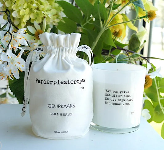 Papierpleziertjes Geurkaars met verschillende teksten - Sprankel