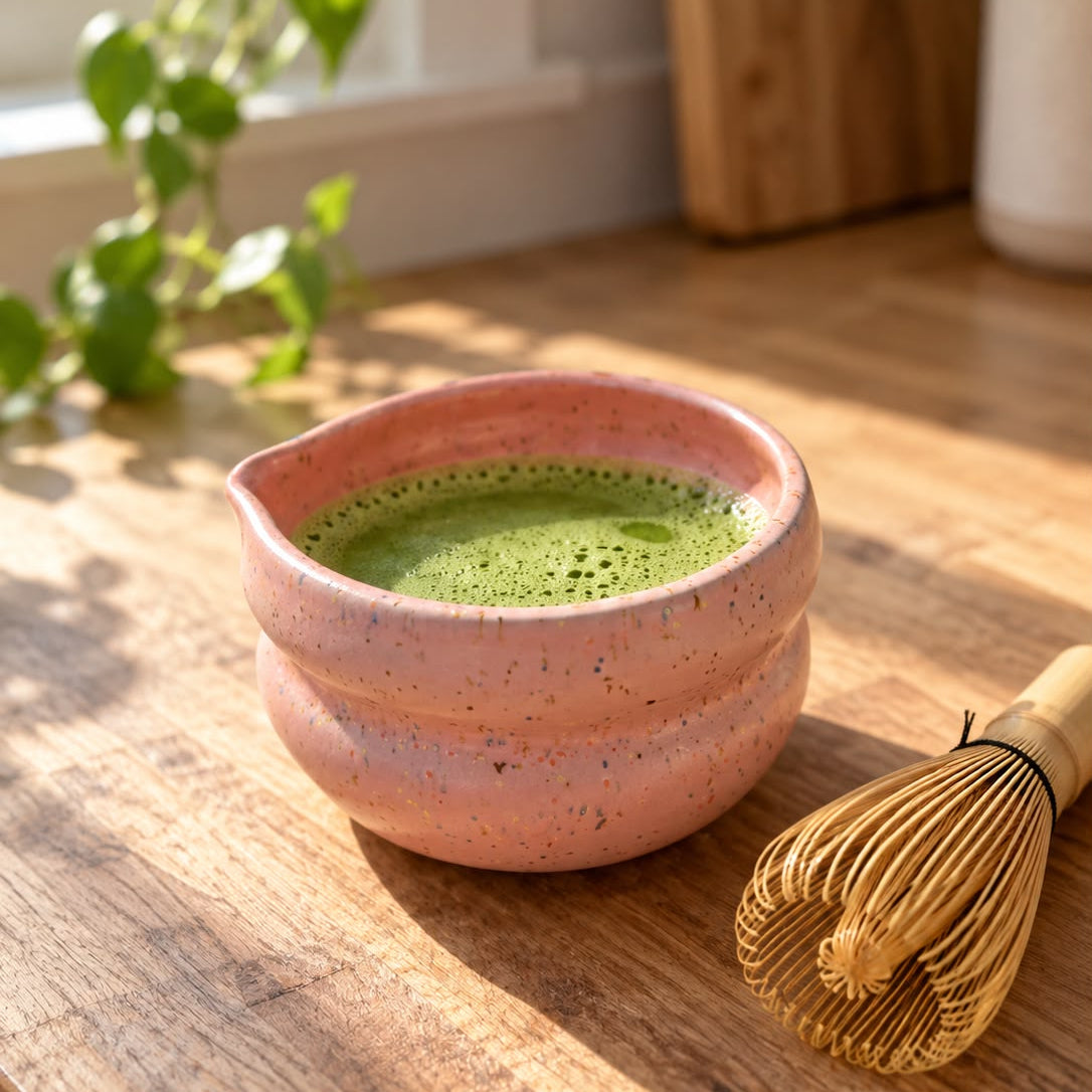 Handgemaakte kleurrijke matcha bowls - Pink Speckle